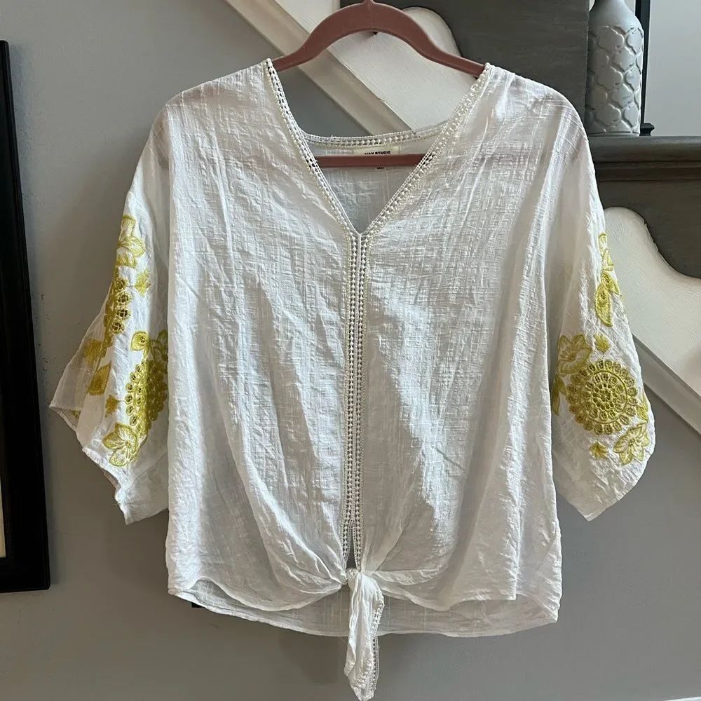 Max Studio White Embroidered Sleeve Tie From of BR Blouse sz L